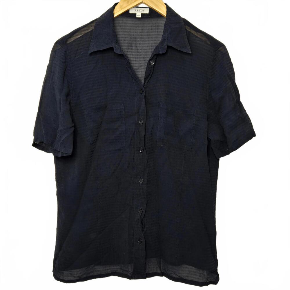 Bally Silk Blouse Womens 42 Black Button Down Short Sleeve